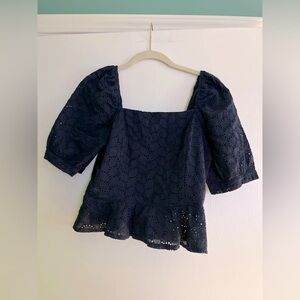 Square-Neck Navy Eyelet Peplum Blouse